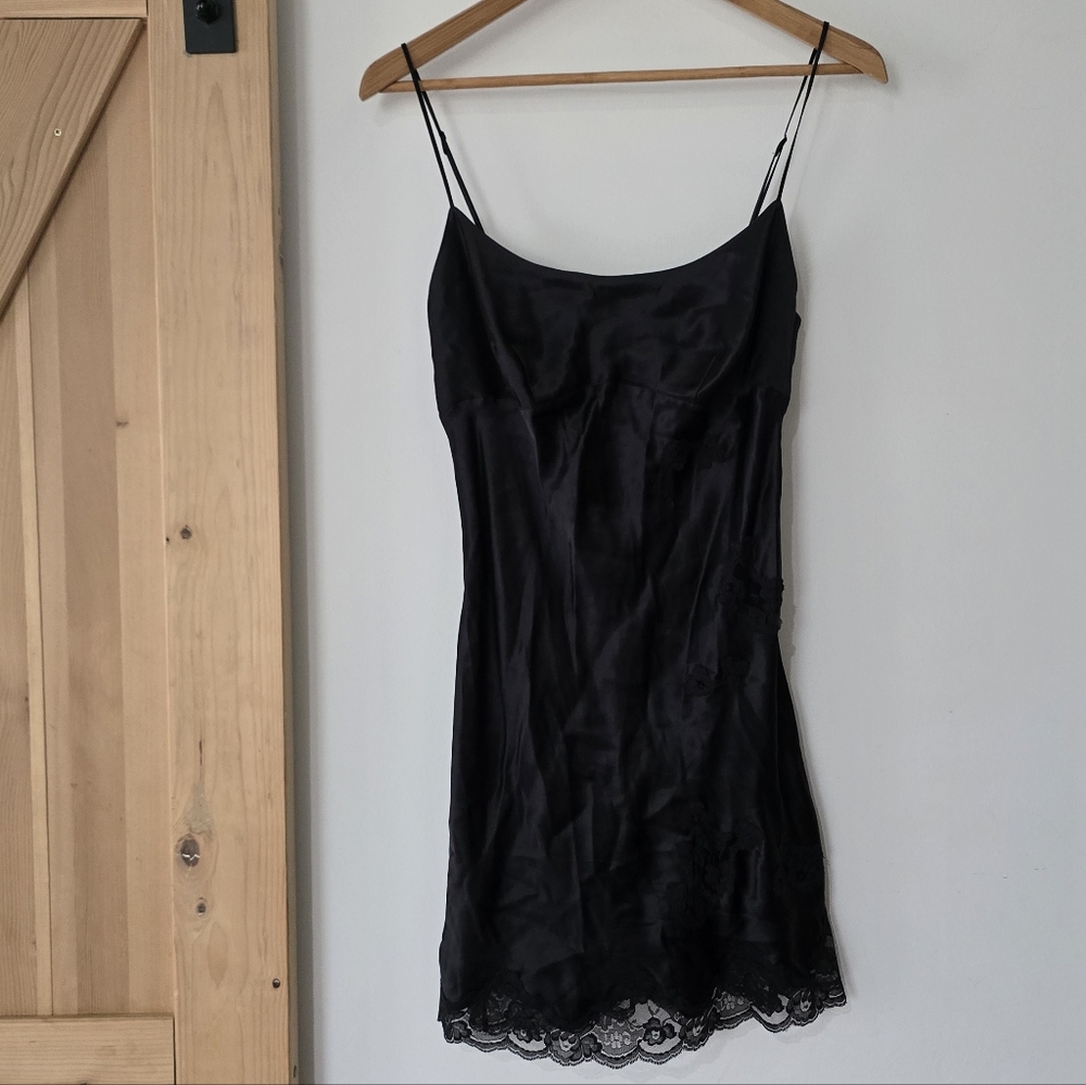 Victorias Secret Silk Black Chemise with Lace Trim Slip Dress